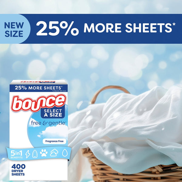 Bounce Select a Size Free & Gentle Dryer Sheets, Unscented, 400 ct.