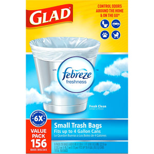 Glad Small Twist-Tie White Trash Bags, Fresh Clean Scent with Febreze Freshness, 4 gal., 156 ct.