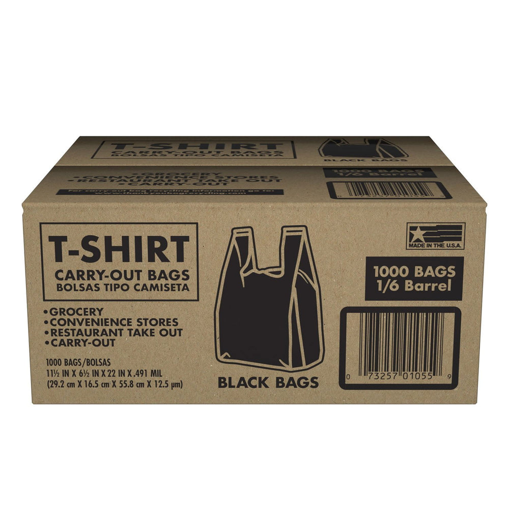 Black T-Shirt Carryout Bags, 11.5" x 6.5" x 22" 1000 ct.
