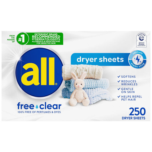 all Fabric Softener Dryer Sheets, Free Clear, 250 ct.