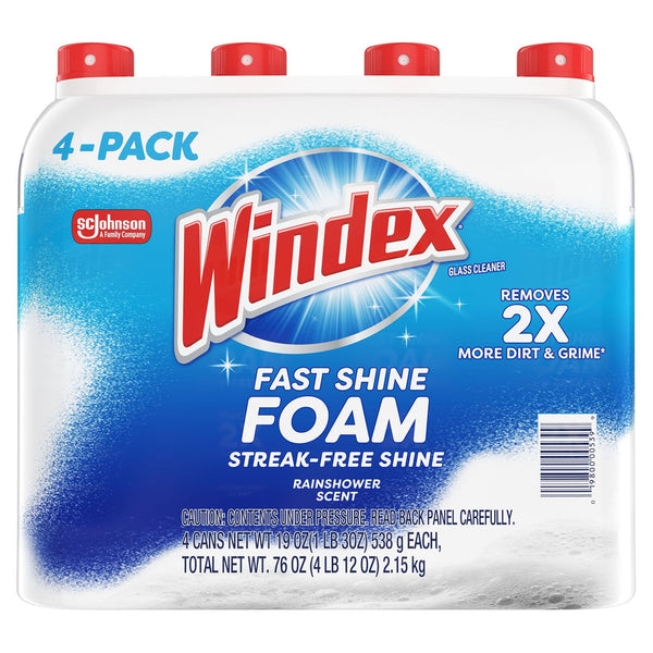 Windex Fast Shine Foam Glass Cleaner, No-Drip Aerosol Cleaning Spray, 19 oz., 4 pk.