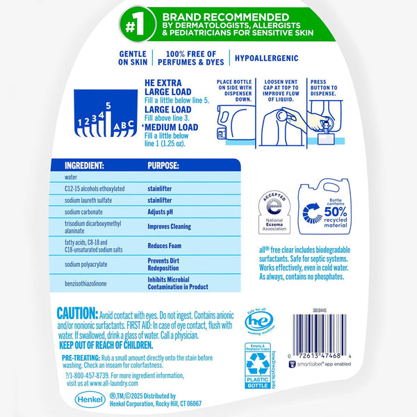 all Liquid Laundry Detergent, Free Clear for Sensitive Skin, 208oz, 166 loads