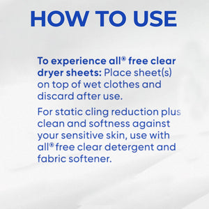 all Fabric Softener Dryer Sheets, Free Clear, 250 ct.