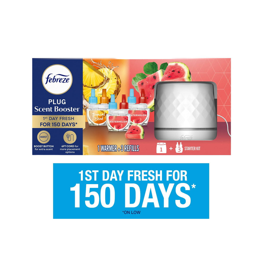 Febreze PLUG Scent Booster Oil Starter Kit, Watermelon & Tropical Blend, 1 Warmer + 3 Refills, 2.63 fl. oz.