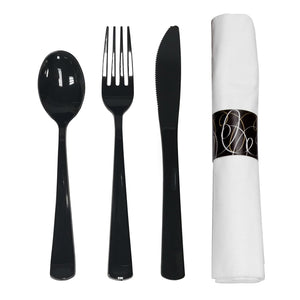 Party Essentials Napkin Roll Bag Set with Black Cutlery (4 - 25 ct. packs, 100 total)