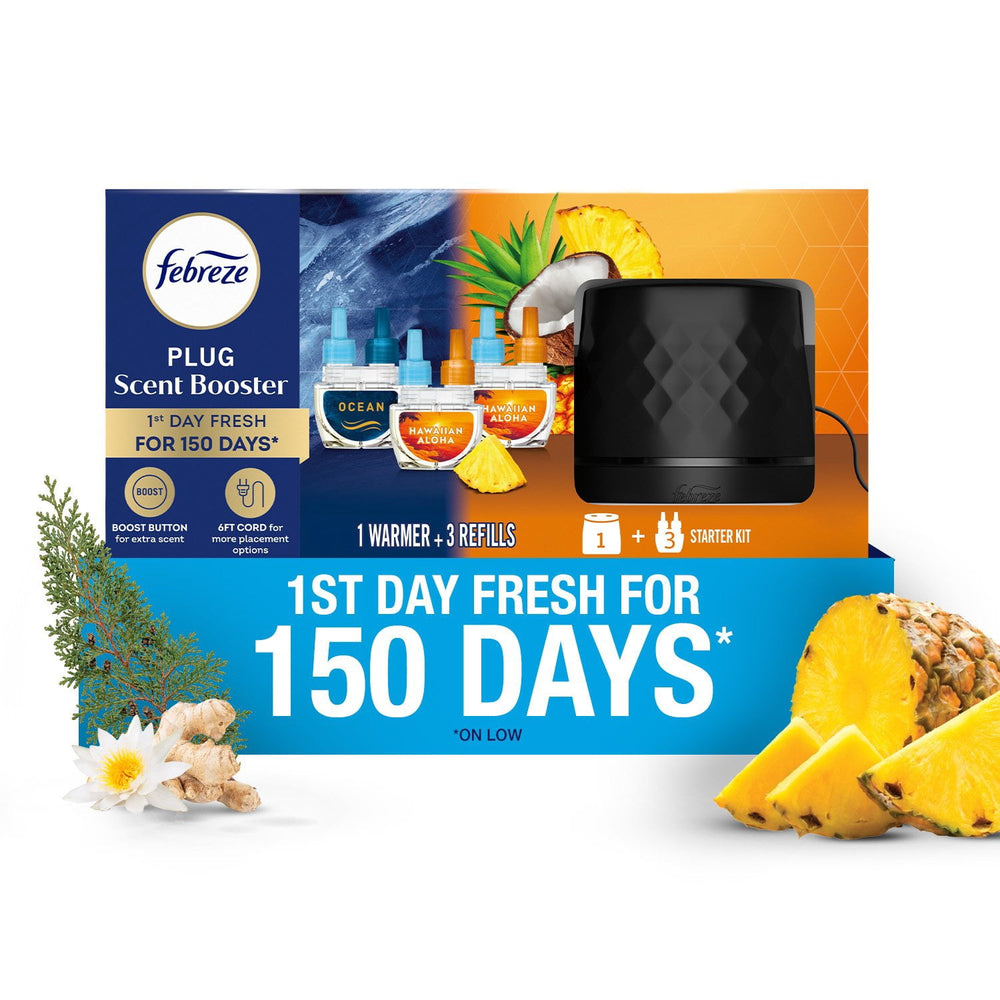 Febreze PLUG Scent Booster Oil Starter Kit, Hawaiian Aloha + Ocean, 1 Warmer + 3 Refills, 2.63 fl. oz.