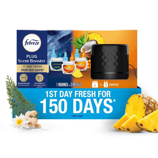 Febreze PLUG Scent Booster Oil Starter Kit, Hawaiian Aloha + Ocean, 1 Warmer + 3 Refills, 2.63 fl. oz.