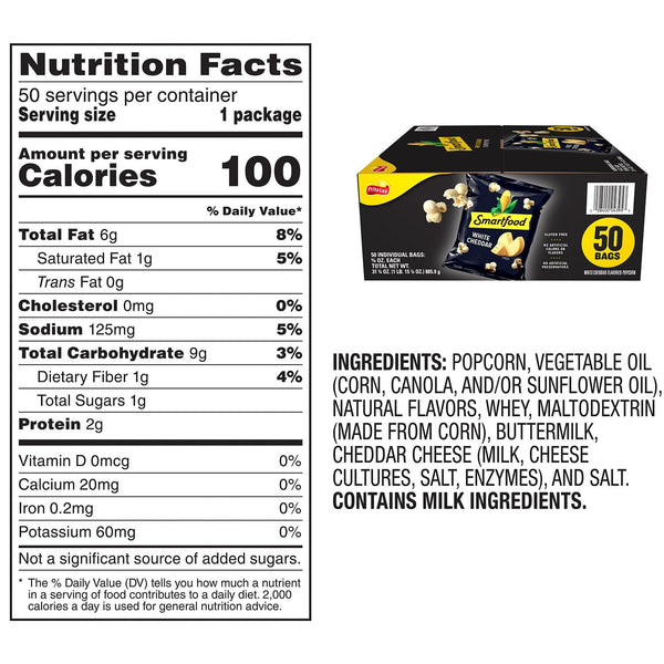 Smartfood White Cheddar Cheese Popcorn, 0.625 oz., 50 pk.