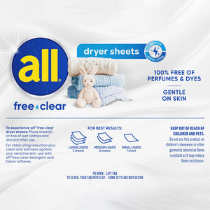 all Fabric Softener Dryer Sheets, Free Clear, 250 ct.