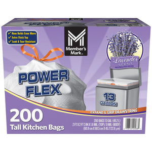 Member's Mark Power Flex 13-Gallon Tall Kitchen Trash Bags, Lavender, 200 ct.