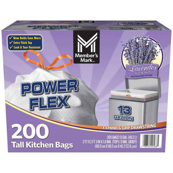 Member's Mark Power Flex 13-Gallon Tall Kitchen Trash Bags, Lavender, 200 ct.
