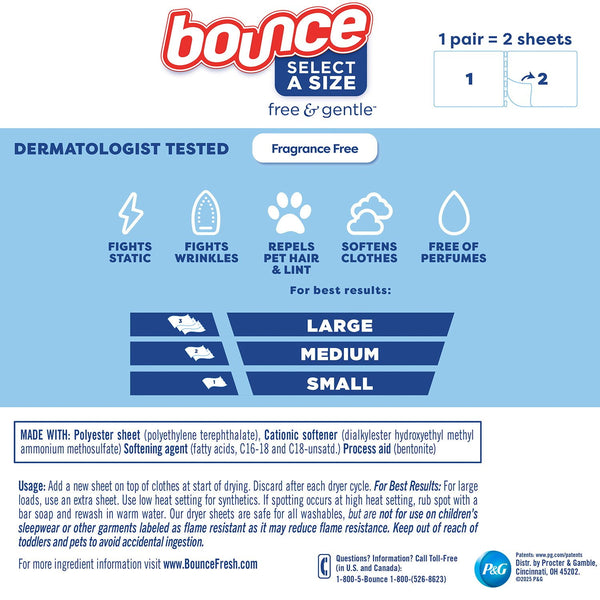 Bounce Select a Size Free & Gentle Dryer Sheets, Unscented, 400 ct.