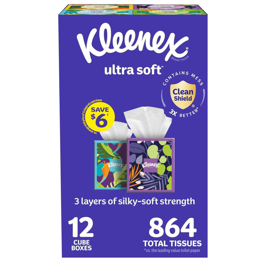 Kleenex Ultra Soft Hypoallergenic Facial Tissues 12 Boxes, 72 tissues/box
