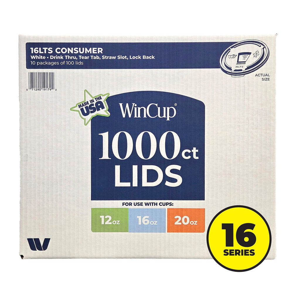 WinCup Lids with Drink Thru Tear Back and Straw Slot, 16 Series, White, 12 oz.-20 oz., 1000 ct.