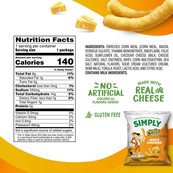 Simply Cheetos White Cheddar Puffs, 0.87 oz., 30 pk.