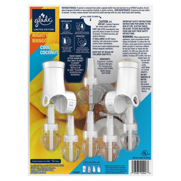 Glade PlugIns Scented Oil, Cool Coconut & Mighty Mango, 2 Warmers + 6 Refills