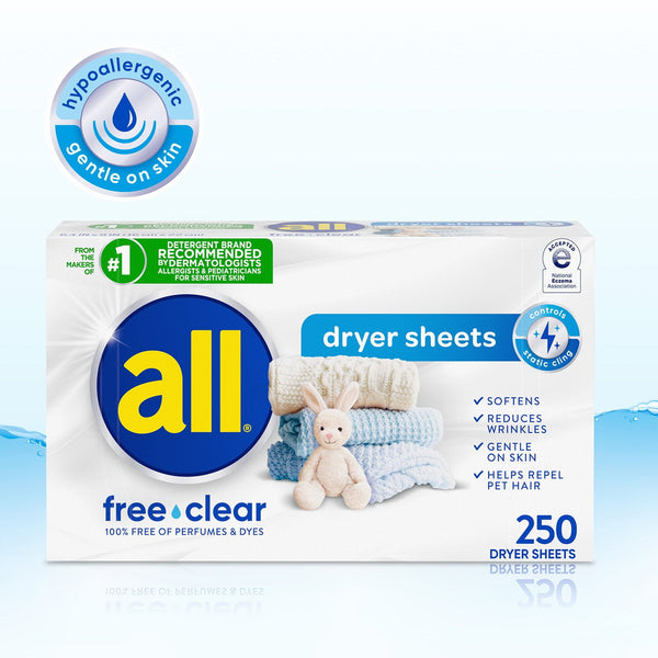 all Fabric Softener Dryer Sheets, Free Clear, 250 ct.