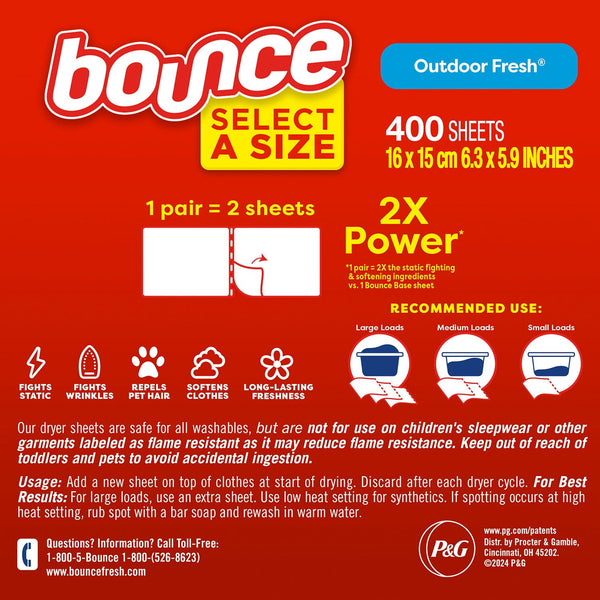 Bounce Select a Size Fabric Softener Dryer Sheets, Outdoor Fresh, 400 ct.