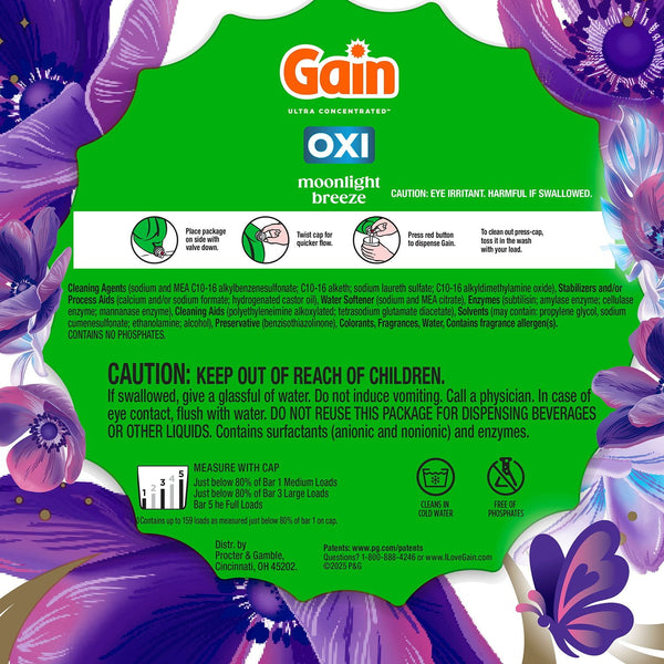 Gain + Oxi Liquid Laundry Detergent, Moonlight Breeze, 159 Loads, 170 fl. oz.