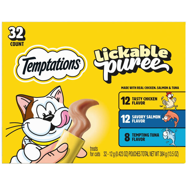 Temptations Lickable Puree Adult Variety Chicken, Salmon, and Tuna Cat Treats, 32 ct. 0.4 oz. Pouches