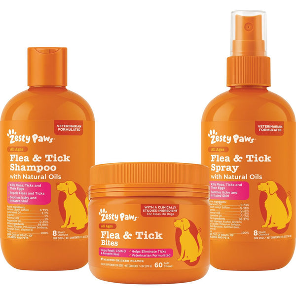 Zesty Paws Flea & Tick Kit for Dogs, to Repel, Control, and Prevent Fleas & Ticks, 8oz Shampoo, 8oz Spray, 160ct Bites