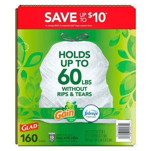 Glad® ForceFlex Tall Kitchen Drawstring Trash Bags, Gain Original scent with Febreze Freshness, 13 Gallon, 160 ct.