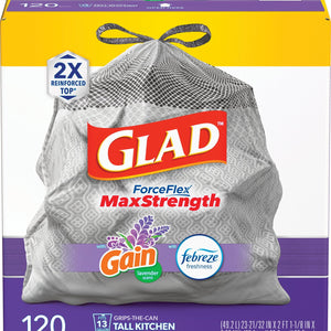 Glad ForceFlex MaxStrength Tall Kitchen Drawstring Trash Bags, Gain Lavender with Febreze Freshness, 13 Gallon, 120 ct.