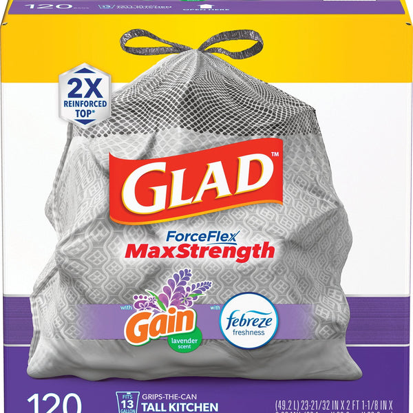 Glad ForceFlex MaxStrength Tall Kitchen Drawstring Trash Bags, Gain Lavender with Febreze Freshness, 13 Gallon, 120 ct.