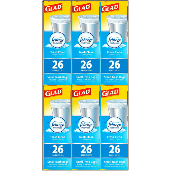 Glad Small Twist-Tie White Trash Bags, Fresh Clean Scent with Febreze Freshness, 4 gal., 156 ct.