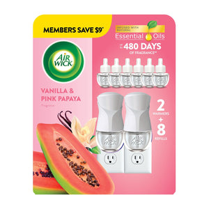 Air Wick Plug In Scented Oil Air Freshener, Vanilla & Pink Papaya, 2 Warmers + 8 Refills