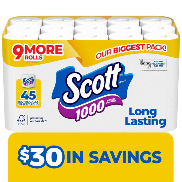 Scott 1000 1-Ply Toilet Paper 45 rolls, 1,000 sheets/roll