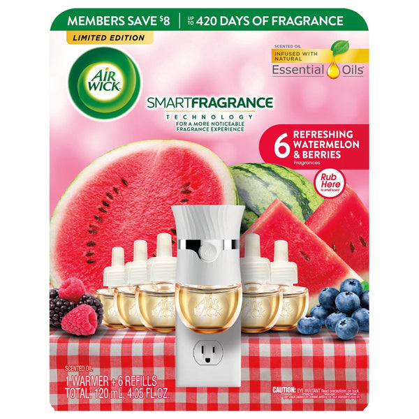 Air Wick Plug In Scented Oil Air Freshener, Refreshing Watermelon & Berries, 1 warmer + 6 refills