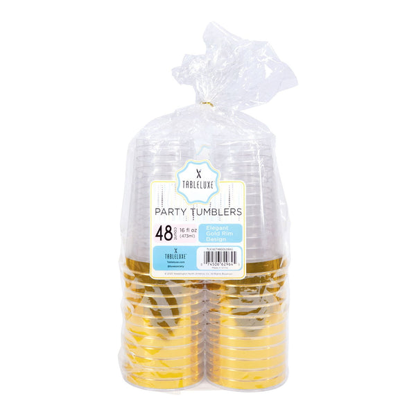 Tableluxe Premium Disposable Gold Rimmed Clear Plastic Tumbler, 16 fl. oz., 48 ct.