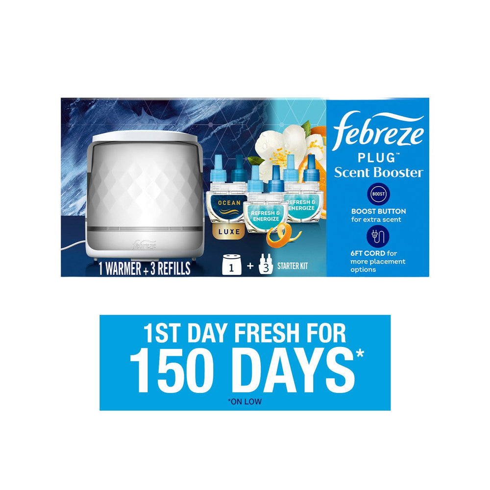 Febreze PLUG Scent Booster, Scented Oil Starter Kit, Warmer + 2 Refresh & Energize + 1 Ocean Refills