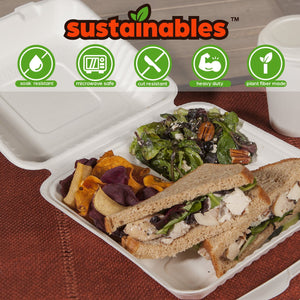 Kanak Sustainables™ 3 Compartment Hinged Lid To Go Food Container 9" x 9" , 50 ct.