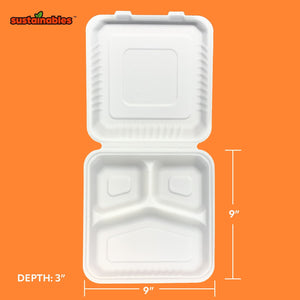 Kanak Sustainables™ 3 Compartment Hinged Lid To Go Food Container 9" x 9" , 50 ct.