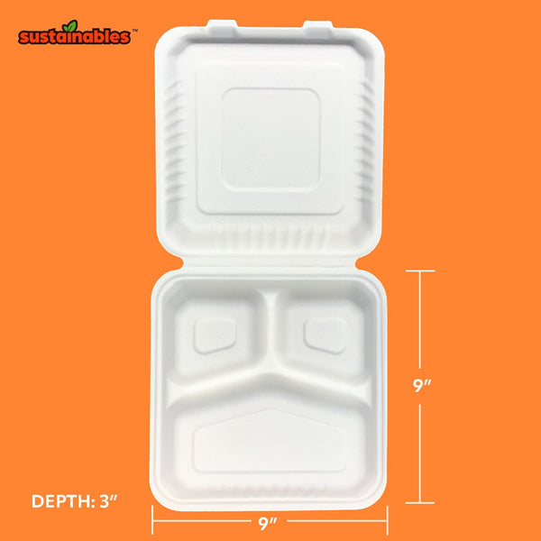 Kanak Sustainables™ 3 Compartment Hinged Lid To Go Food Container 9" x 9" , 50 ct.