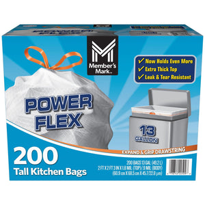 Member's Mark Power Flex 13-Gallon Tall Kitchen Trash Bags, 200 ct.