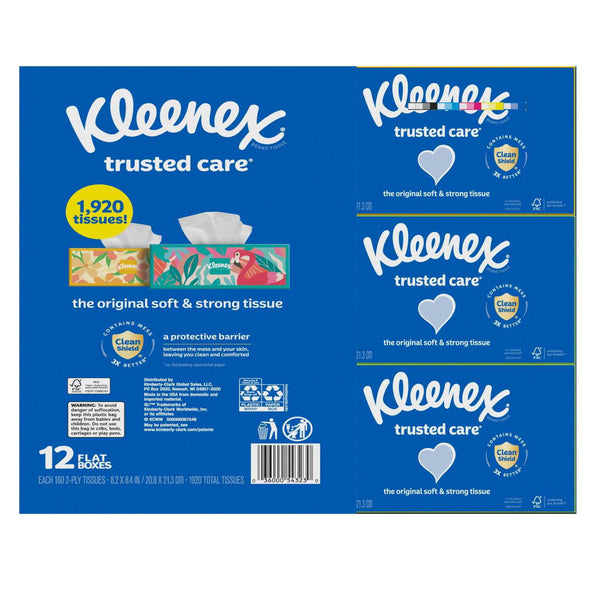 Kleenex Trusted Care Facial Tissues 12 boxes, 160 tissues/box