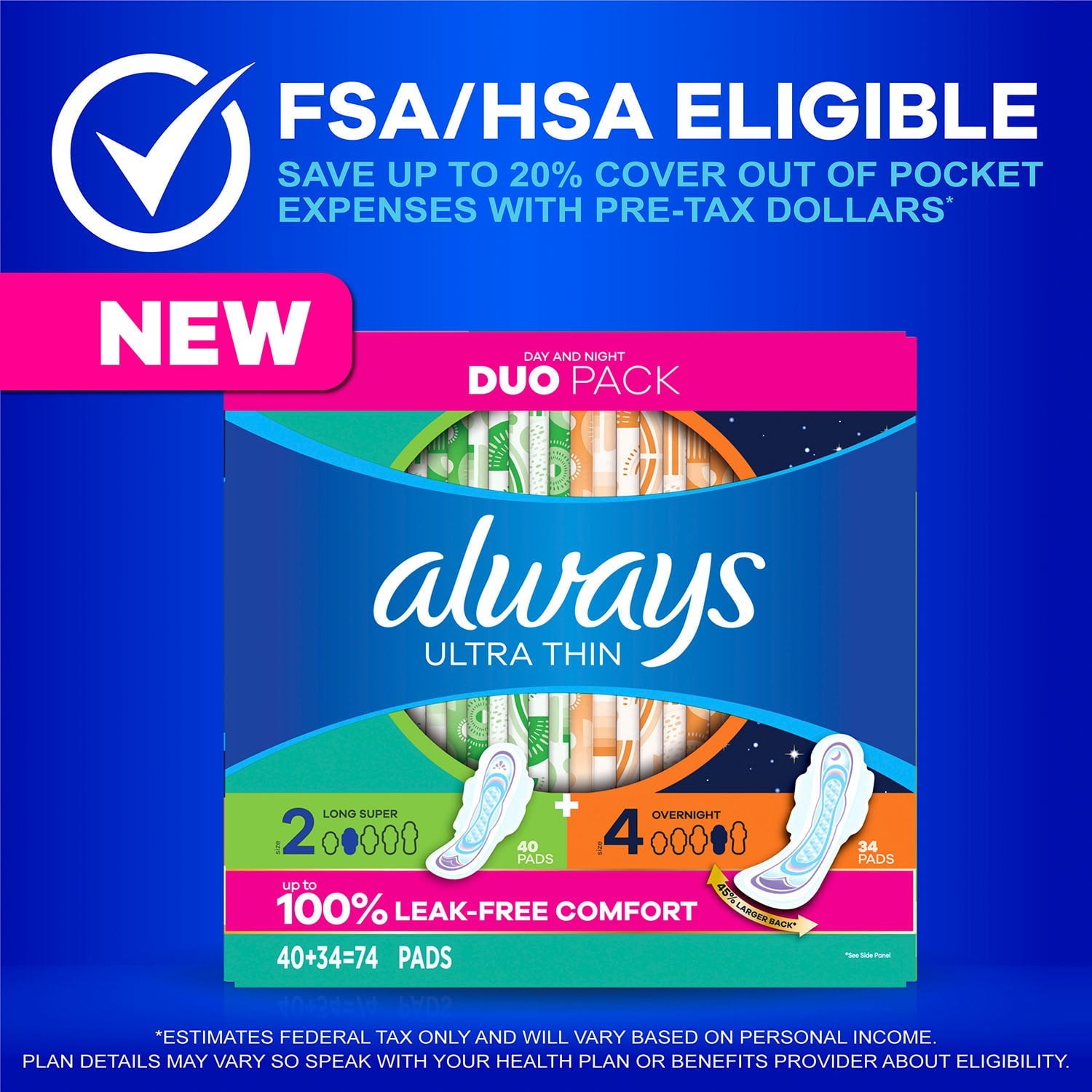 Always Ultra Thin Pads Duo Pack, 74 ct.