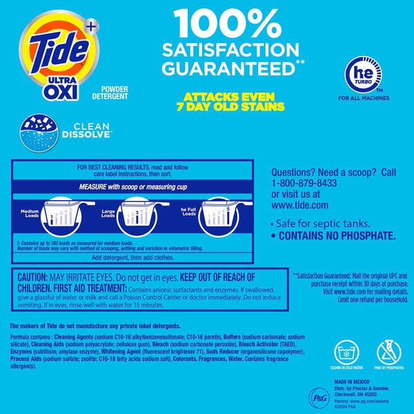 Tide + Ultra Oxi Powder Laundry Detergent, Original, 143 loads, 225 oz.