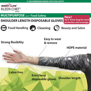 Kleen Chef Clear Disposable Shoulder Length HDPE Gloves, 35.5" 200 ct.