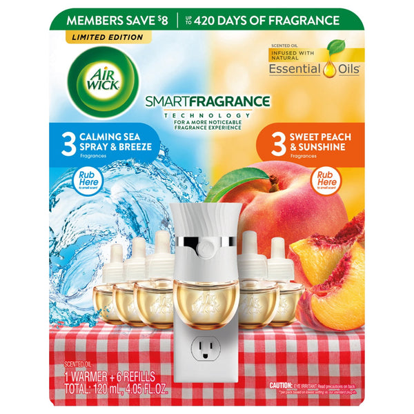 Air Wick Plug In Scented Oil Air Freshener, Sea Spray & Breeze, Sweet Peach, 1 warmer + 6 refills