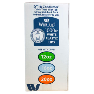 WinCup 16 Series White Plastic Drink Thru Tear Back Lids with Straw Slot, 1000 ct.