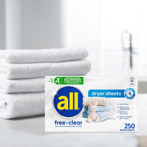 all Fabric Softener Dryer Sheets, Free Clear, 250 ct.