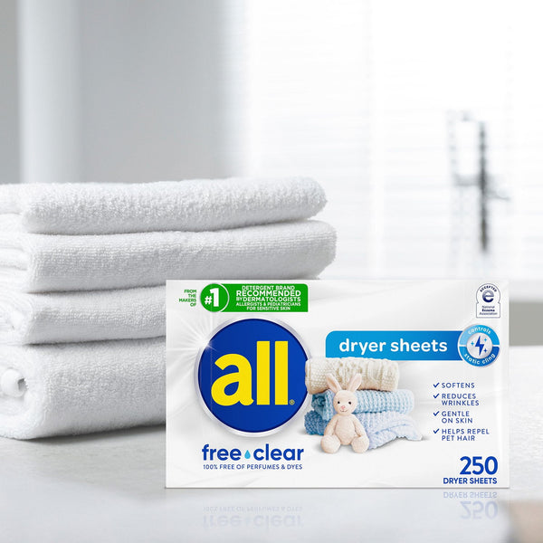 all Fabric Softener Dryer Sheets, Free Clear, 250 ct.