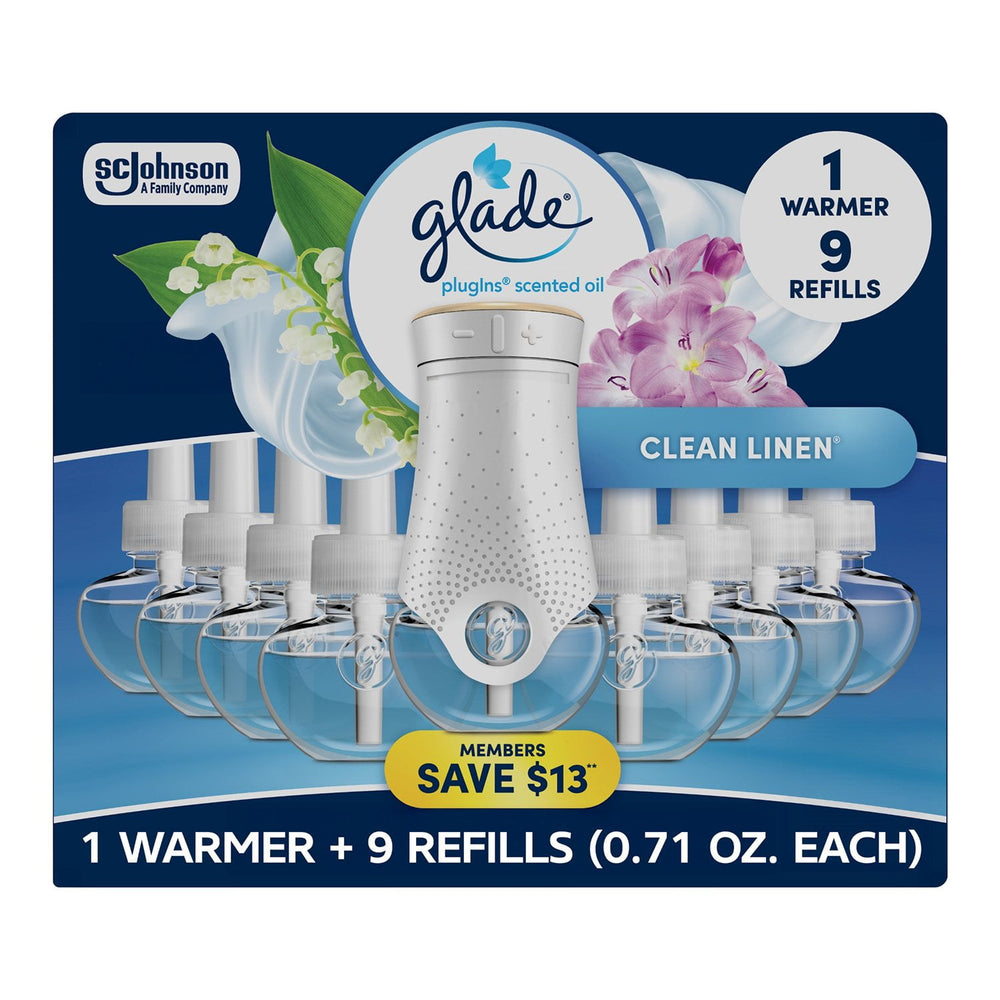 Glade PlugIns Scented Oil, Clean Linen, 1 Warmer + 9 Refills