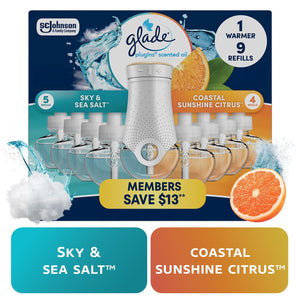 Glade PlugIns Scented Oil, Sky & Sea Salt with Coastal Sunshine Citrus, 1 Warmer + 9 Refills