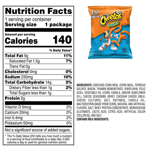 Cheetos Puffs Cheese Snacks, 0.875 oz., 50 pk.