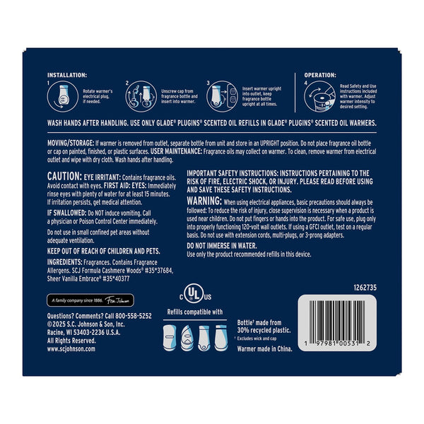 Glade PlugIns Scented Oil, Cashmere Woods with Sheer Vanilla Embrace, 1 Warmer + 9 Refills